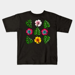 Hawaiian Hibiscus and Monstera Pattern Kids T-Shirt